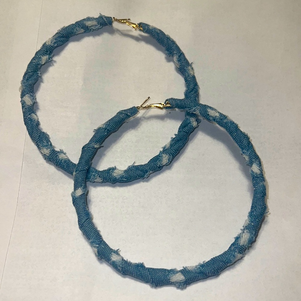 Handmade large denim hoop earrings on gold hoop these are large are 3 in width